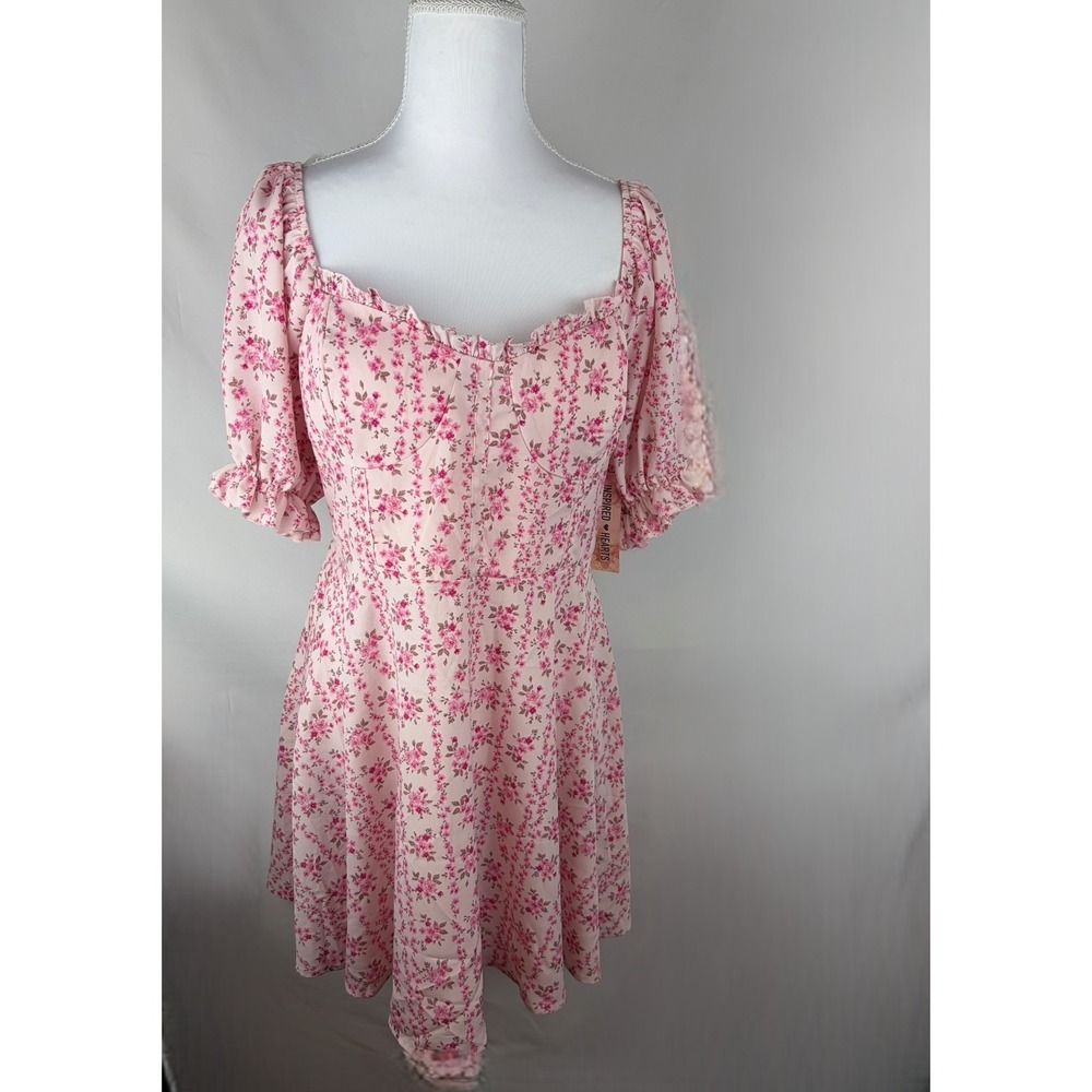 Inspired Hearts Dress Pink Floral Cottagecore Coquette Puff Sleeve Mini Boho XL